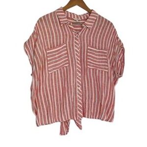 Lucky Brand Striped Button Up Tie Front Shirt Red White Blue Linen Blend XL